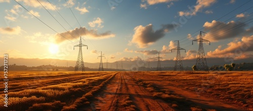 high voltage electricity transmission tower, sunset background