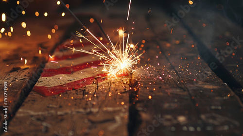 Glowing Sparkler with Rustic Wooden Flag of United States, Patriotic Celebration Concept, Generative AI