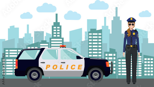 Young Cute Smiling Standing Policewoman Officer in Uniform with Police Car and Modern Cityscape in Flat Style. Vector Illustration