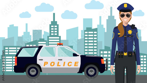 Young Cute Smiling Standing Policewoman Officer in Uniform with Police Car and Modern Cityscape in Flat Style. Vector Illustration