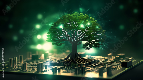 Field technology background with lights and trees