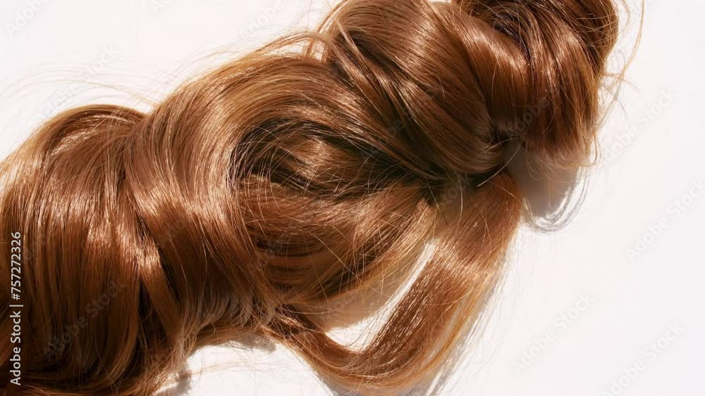 Close up of a bunch of locks of brown hair. Brown shiny wavy hair isolated on white background. Hair color palette. Haircut, hair care and beauty salon. High quality 4k footage Close up of a bunch of locks of brown hair. Brown shiny wavy hair isolated on white background. Hair color palette. Haircut, hair care and beauty salon. High quality 4k footage
