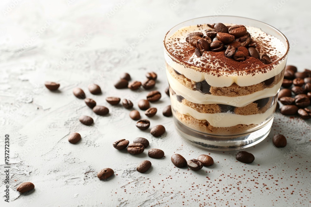 Delicious tiramisu in glass and scattered coffee beans on light table, space for text Delicious tiramisu in glass and scattered coffee beans on light table, space for text