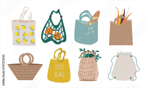Set of reusable shopping bags. Go green, no plastic, save the planet. Vector illustration.