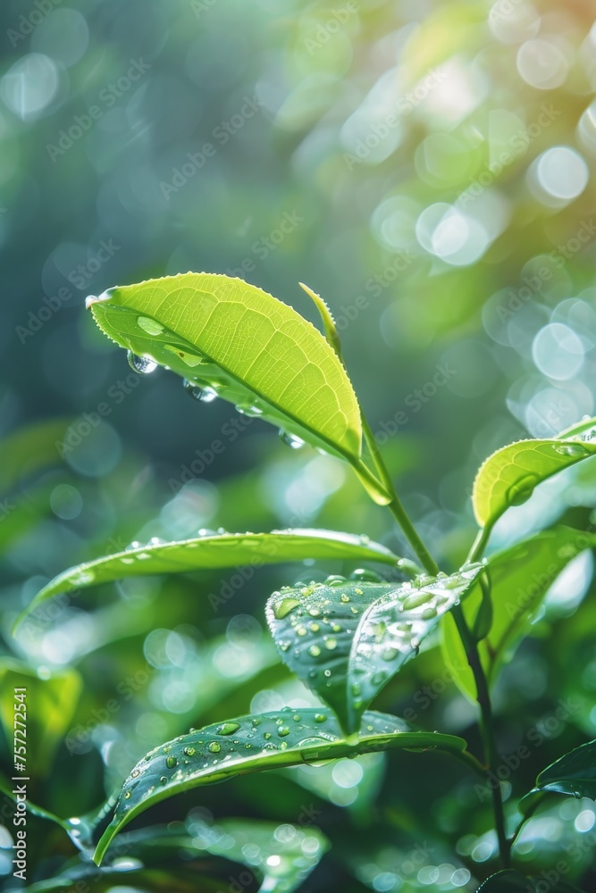 Lush tea plant leaves with morning dew close-up for nature themes. Vibrant green tea leaves with water droplets and sunlight bokeh for freshness. Lush tea plant leaves with morning dew close-up for nature themes. Vibrant green tea leaves with water droplets and sunlight bokeh for freshness.