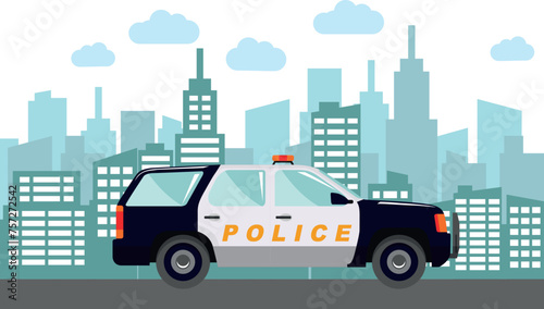 Police Car on Modern Cityscape Background in Flat Style. Vector Illustration