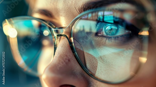 Urban life captured in the reflection on eyeglasses in a close-up of an eye. Cityscape reflected in the vision of a person wearing glasses. Detailed image of an eye and glasses with urban reflection.