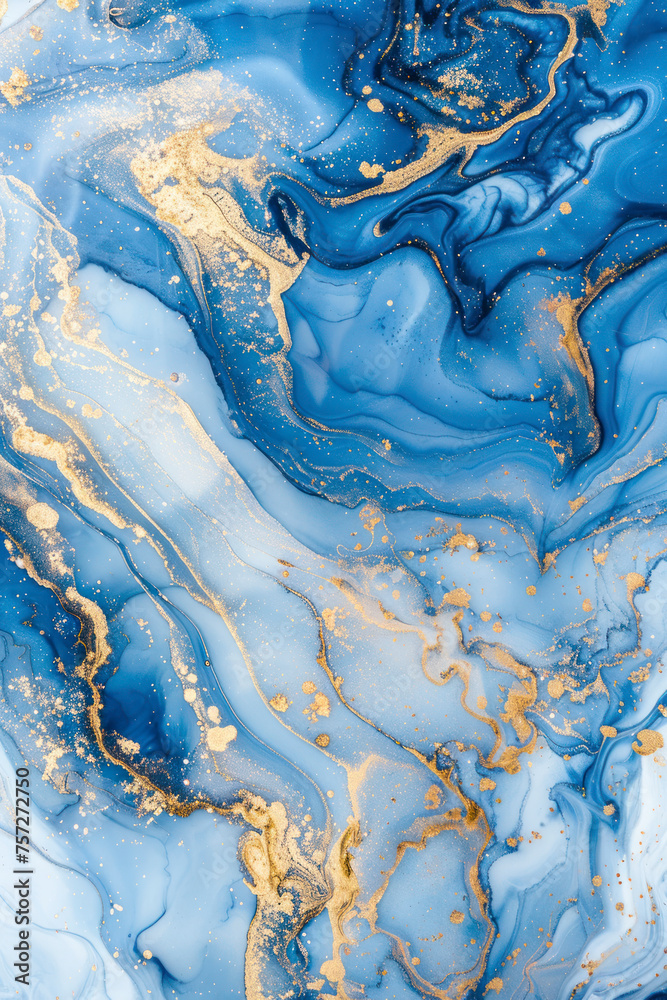 Vertical Blue and Gold Abstract Painting on a Luxurious Marble Acrylic Background: A Close-Up View. Vertical Blue and Gold Abstract Painting on a Luxurious Marble Acrylic Background: A Close-Up View.