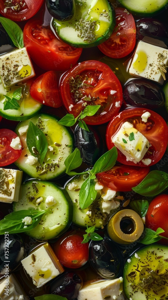 Fresh Greek salad with tomatoes, cucumbers, olives, feta cheese, and herbs, drizzled with olive oil. Fresh Greek salad with tomatoes, cucumbers, olives, feta cheese, and herbs, drizzled with olive oil.