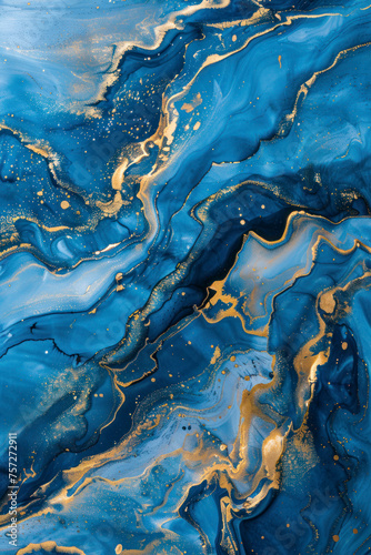 Vertical Blue and Gold Abstract Painting on a Luxurious Marble Acrylic Background: A Close-Up View.