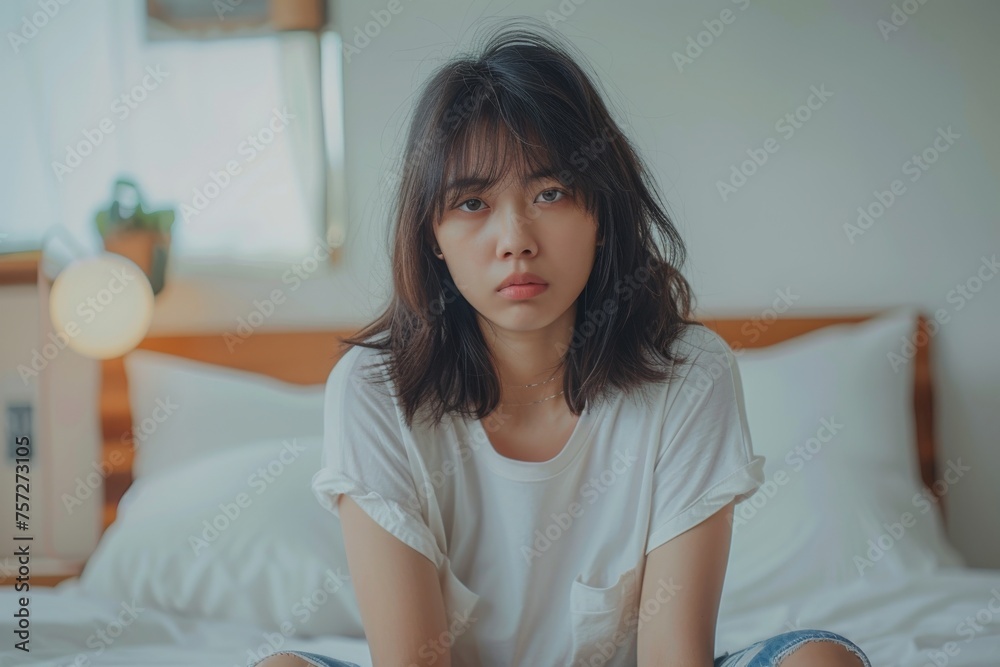 Depression asian young women sitting on the bed in bedroom. Frustrated confused female feels unhappy problem in personal life. She is exhausted and suffering from life. Depression asian young women sitting on the bed in bedroom. Frustrated confused female feels unhappy problem in personal life. She is exhausted and suffering from life.