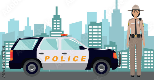 Young Cute Smiling Standing Policewoman Sheriff Officer in Uniform with Police Car and Modern Cityscape in Flat Style. Vector Illustration