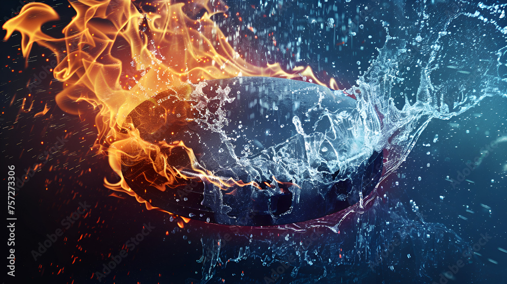 Explosive Ice Hockey Puck: Dynamic Action Shot, Fire and Water Elements Collide, Intense Sporting Moment, Frozen Game On Ice Rink, Fiery Competition, Generative Ai

