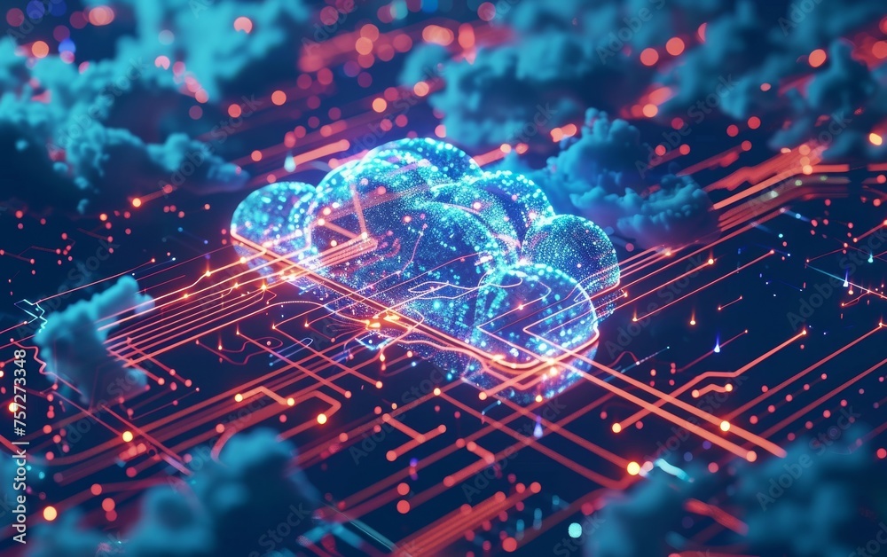 Digital clouds glow over a circuit board, symbolizing cloud computing and data networks Digital clouds glow over a circuit board, symbolizing cloud computing and data networks