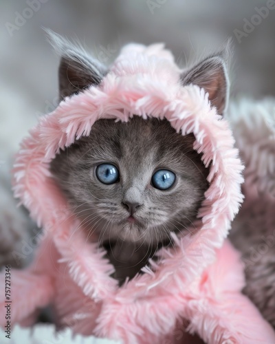Grey kitten with striking blue eyes in a fluffy pink bunny outfit adorable for a pet calendar image photo