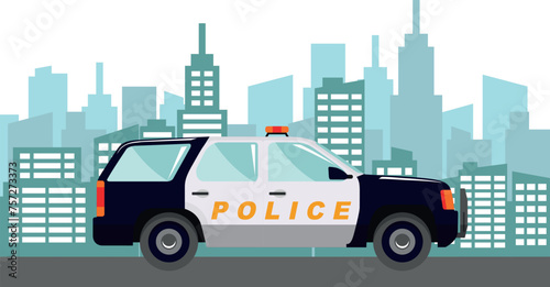 Police Car on Modern Cityscape Background in Flat Style. Vector Illustration