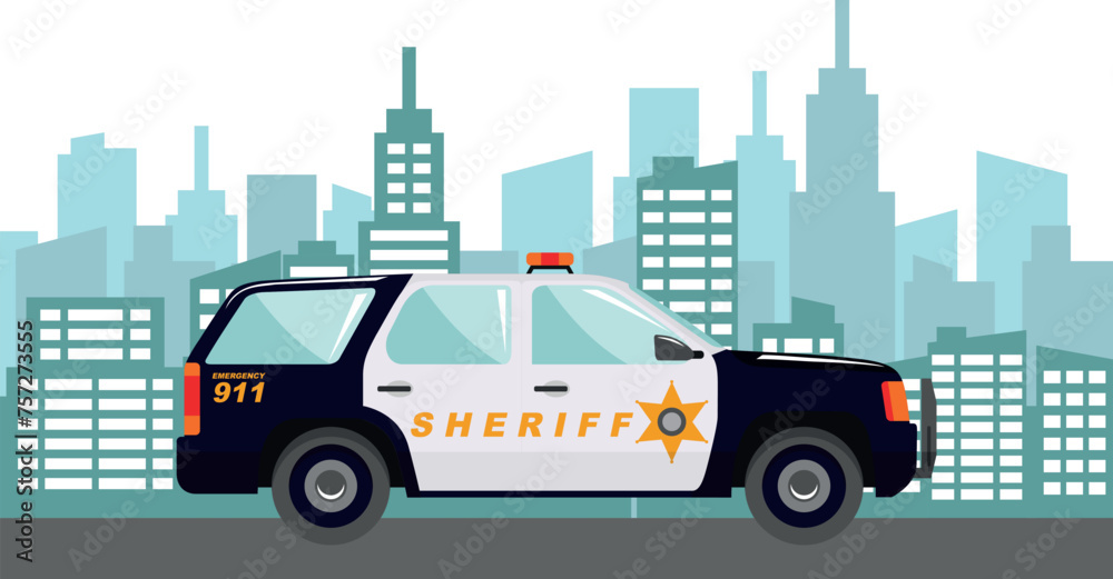 Police Car on Modern Cityscape Background in Flat Style. Vector Illustration