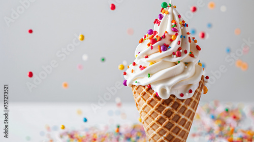 Soft ice cream waffle cone with candy sprinkles