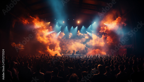 Crowd partying, Stage in lights and smoke with live concert in summer time. People with raised hands dancing and filming the concert on their phones