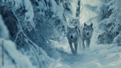 Wolves running through a hauntingly beautiful snow covered forest photo