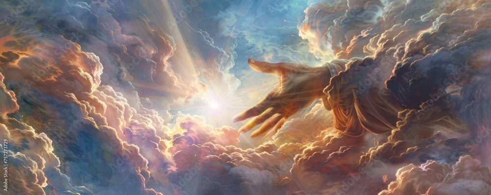 A dramatic depiction of the hand of God appearing from a fantasy sky with radiant beams piercing through iridescent clouds