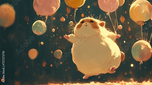 A chubby hamster balancing on hind legs with balloons in paw photo