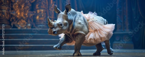 A ballet-dancing rhino gracefully performing in a tutu, showcasing surprising agility on a grand theater stage photo