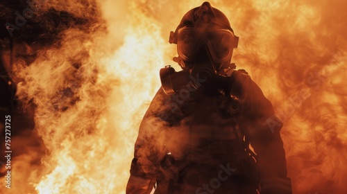 Silhouetted firefighter with gas mask against intense flames thick smoke billowing around photo
