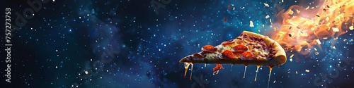 A pizza-flying saucer zooming through the night sky, leaving a trail of cheese and pepperoni, abducting a slice of pizza