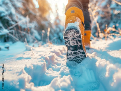 Close-up of a boot stepping into fresh snow, with winter sunlight filtering through