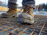 Worker's feet in heavy-duty steel-toe boots on a rebar framework at a construction site