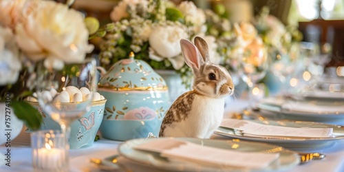 Iris filled Easter brunch chocolate bunnies with floppy ears on every table a live sermon guests in new dresses © Virtual Art Studio