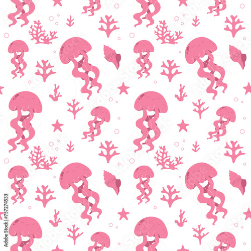 Cute cartoon jellyfish seamless pattern on white background