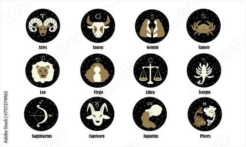 Set of zodiac signs icons. Aries, leo, gemini, taurus, scorpio, aquarius, pisces, sagittarius, libra, virgo, capricorn and cancer. Vector illustration in cartoon simple style.