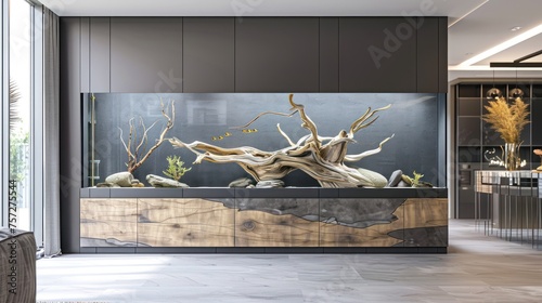 large aquascape aquarium with driftwood in a modern home photo