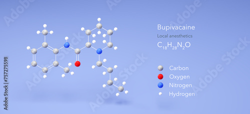 bupivacaine molecule, molecular structures, marcaine, 3d model, Structural Chemical Formula and Atoms with Color Coding photo