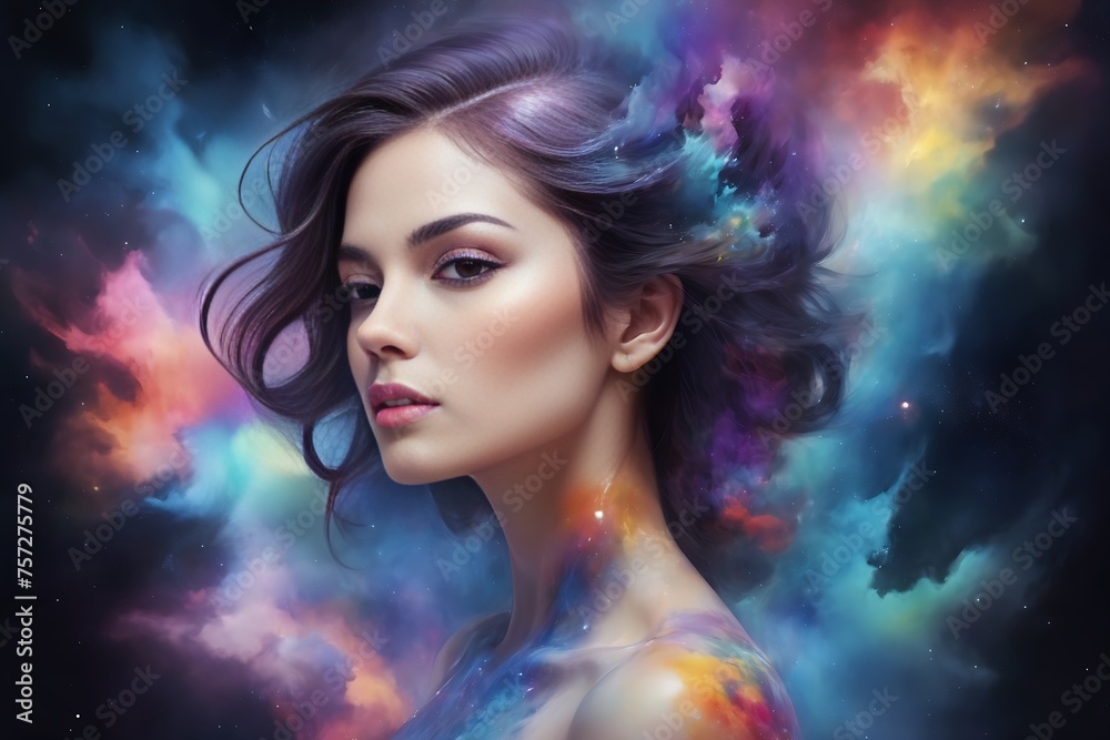 portrait of a beautiful fair-skinned girl in multicolored cosmic smoke. double exposure portrait of a beautiful fair-skinned girl in multicolored cosmic smoke. double exposure
