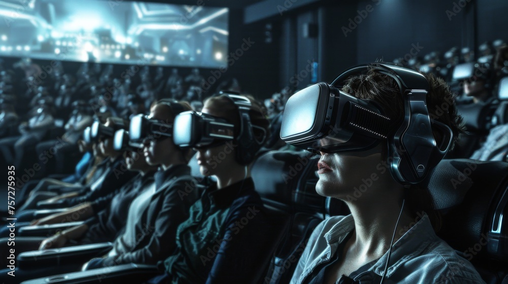 Viewers in a futuristic VR theater setup, deeply engaged in an immersive multimedia presentation. Viewers in a futuristic VR theater setup, deeply engaged in an immersive multimedia presentation.
