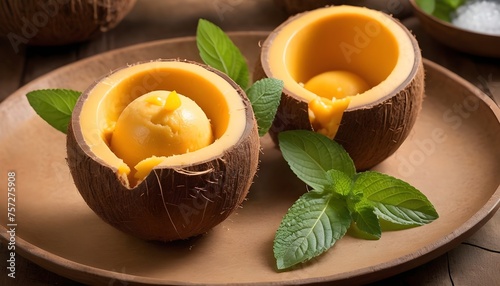 A refreshing mango sorbet served in a hollowed-out coconut shell with a sprig of mint.