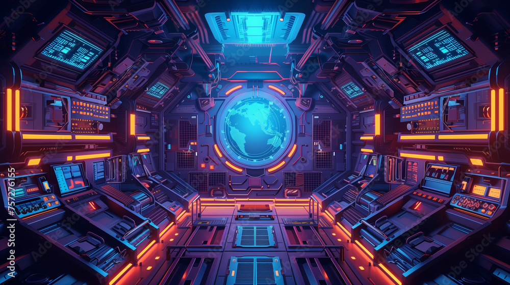 Fototapeta premium interior of a spaceship deck, an alien plant showing at the window, sci-fi illustration