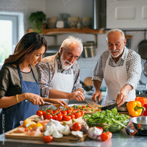 Active longevity. Men and women have been cooking in the kitchen for 60 years.