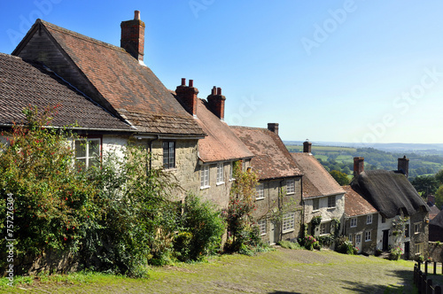 Gold Hill Cottages in cobbled street Shaftesbury Dorset UK photo