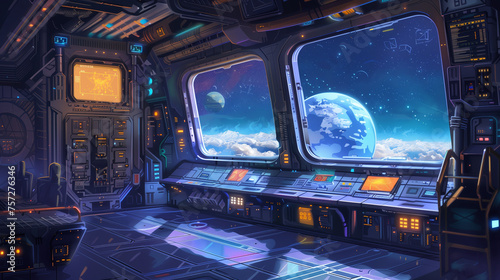 interior of a spaceship deck, an alien plant showing at the window, sci-fi illustration