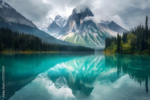 Turquoise Waters and Towering Mountains Reflect in Emerald Lake, Yubara National Park, Canada