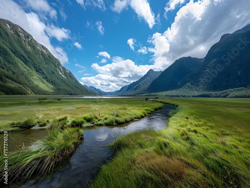 A breathtaking wide-angle shot capturing New Zealand's majestic fiord flanked by lush green meadows.
