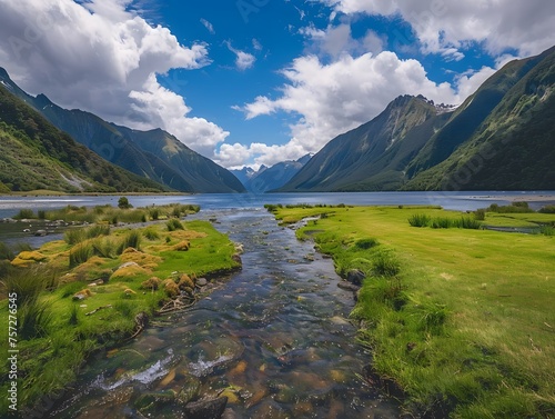 A wide-angle shot captures New Zealand's majestic fiord, framed by lush, green meadows.
