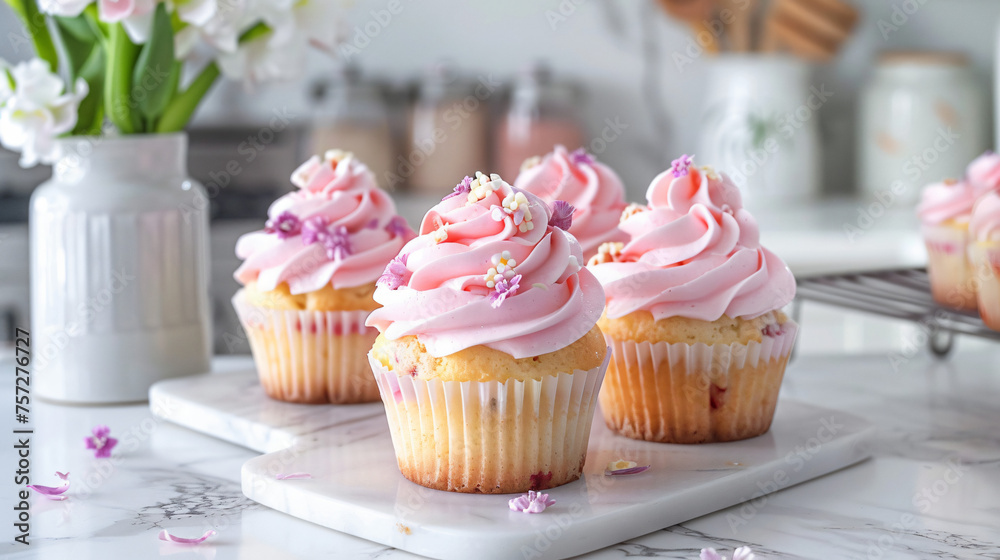 Spring Cupcakes on a White Kitchen Counter