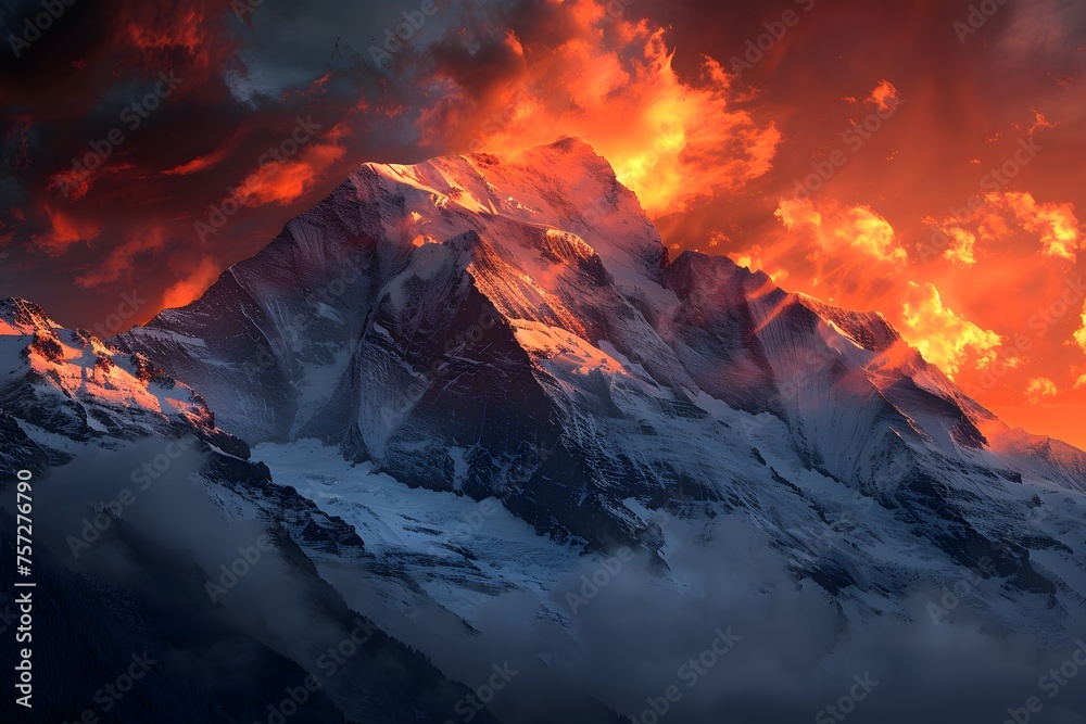 Stunning Swiss Sunset: Evening Light Bathes Snowcapped Peaks in Red, a National Geographic Close-Up.