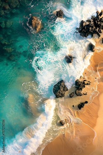 Aerial View of Oahu Beach: Waves, Golden Sand, and Turquoise Waters in Hawaii's Natural Paradise.