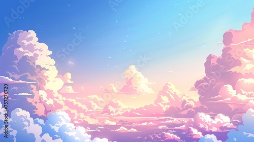 Sky with clouds cartoon background. Anime style background with shining sun and white fluffy clouds. Sunny day sky scene cartoon illustration. Heavens with bright weather.